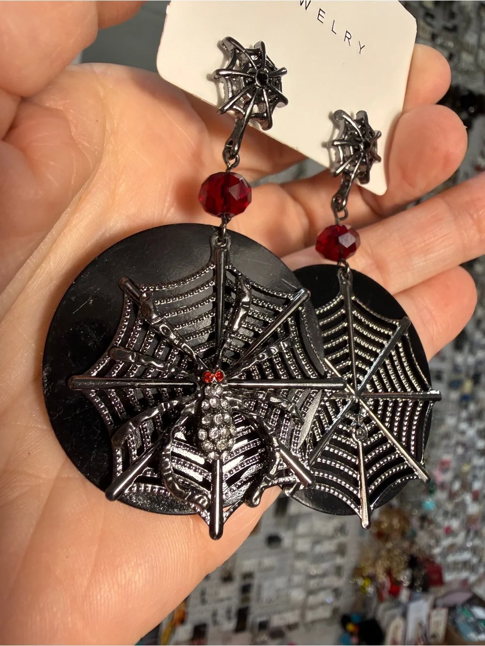 Black Spider Web Dangle Earrings with Red Beads